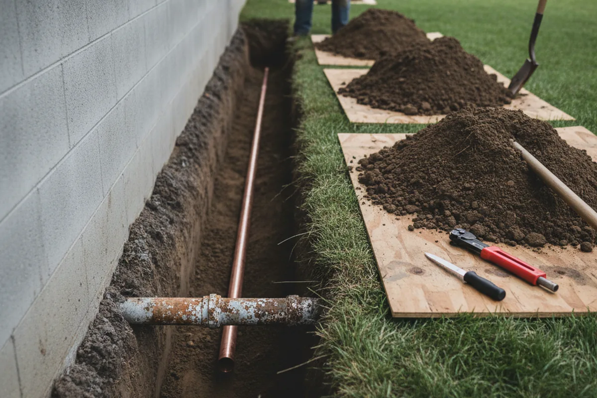 Excavated water line trench during Water Softener Installation in Duncan